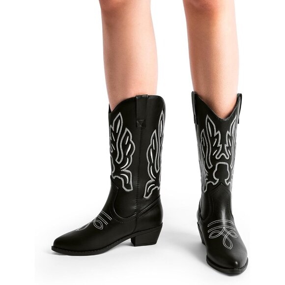 Women's Black-PU Mid Calf Western Embroidery Stitched Faux Leather Cowgirl Boots - Picture 7 of 7